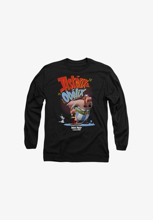 Schwarzes Langarm-T-Shirt mit Asterix- und Obelix-Grafiken in Rot, Weiß und Blau, mit Cartoonfiguren und Text auf der Vorderseite.