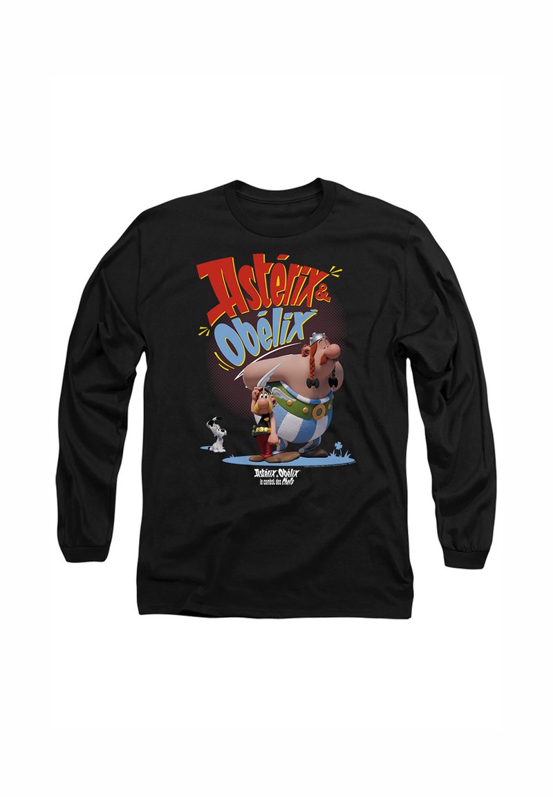 Schwarzes Langarm-T-Shirt mit Asterix- und Obelix-Grafiken in Rot, Weiß und Blau, mit Cartoonfiguren und Text auf der Vorderseite.