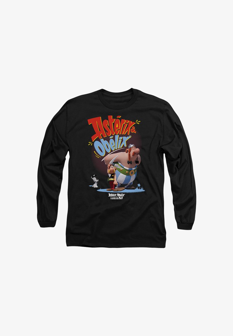 Schwarzes Langarm-T-Shirt mit Asterix- und Obelix-Grafiken in Rot, Weiß und Blau, mit Cartoonfiguren und Text auf der Vorderseite.