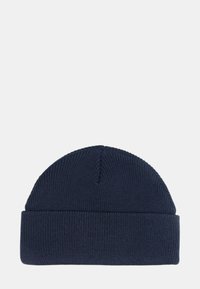 Berretto a maglia blu navy con orlo piegato. Presenta una texture a coste e una cucitura in cima per dare forma. Realizzato in materiale morbido ed elastico.