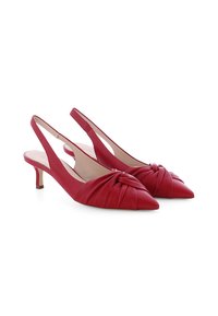 Rote Leder-Slingback-Absätze mit spitzem Zehenbereich und einer geknoteten Gestaltung an der Vorderseite. Schlanker Absatz und glatte Oberfläche.