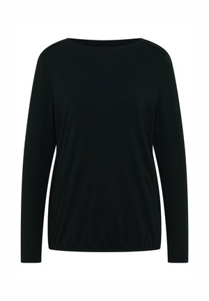Maglietta nera a maniche lunghe realizzata in morbido tessuto, con scollatura a girocollo e una vestibilità comoda, caratterizzata da dettagli arricciati in vita.