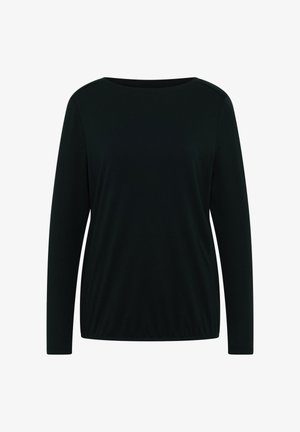 Czarna bluzka z długim rękawem wykonana z miękkiego materiału, z okrągłym dekoltem i luźnym krojem z marszczonymi detalami w talii.