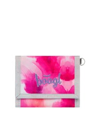 Portafoglio con un motivo in acquerello rosa e bianco, con un bordo grigio e il logo ricamato "baagl". Il materiale appare resistente con una texture morbida.