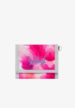 Portafoglio con un motivo in acquerello rosa e bianco, con un bordo grigio e il logo ricamato "baagl". Il materiale appare resistente con una texture morbida.