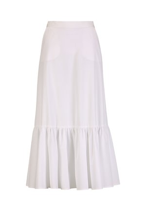 Biela sukňa po členky s priliehavým pásom a nariaseným volánovým lemom, vyrobená z ľahkej látky.