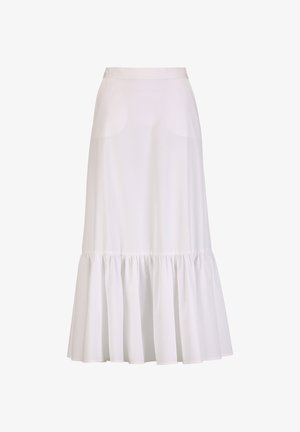 Witte enkellange rok met een getailleerde taille en een geplooide rucheszoom, gemaakt van lichtgewicht stof.