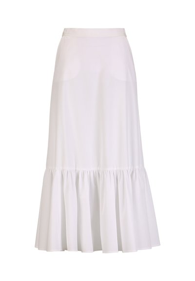 Hvid ankel-langt nederdel med taljeret pasform og rynket flæsekant, lavet af letvægtsstof.