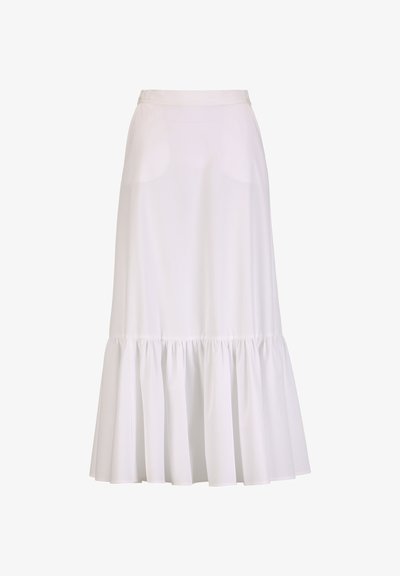 Hvid ankel-langt nederdel med taljeret pasform og rynket flæsekant, lavet af letvægtsstof.