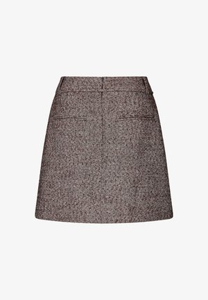 Ruskea tweed-hame, jossa on teksturoitu kuvio, suoralla leikkauksella, vyötärönauhalla ja kahdella takataskulla.