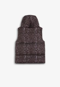 Chaleco acolchado con capucha que presenta un patrón de estampado de leopardo en marrón oscuro y púrpura, diseño acolchado y sin cierres visibles.