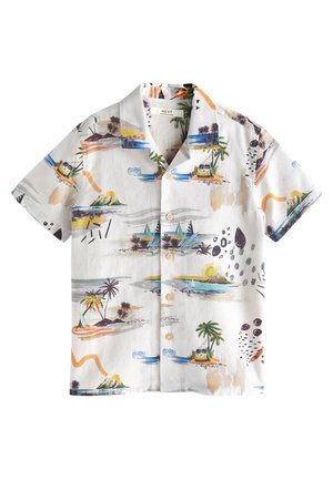 Biała koszula z krótkim rękawem na guziki z kolorowym nadrukiem tropikalnej wyspy, palmy i żaglówki.