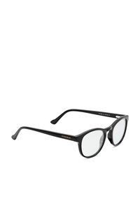 Black plastic eyeglass frames with a rounded shape, featuring clear lenses and a subtle gold logo on the temple. Smooth texture, modern design.