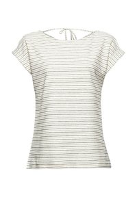 Blouse blanche à manches courtes avec fines rayures horizontales noires et un détail noué au niveau de l'encolure dos.