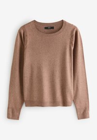 Basis brun striktrøje med rund hals, lange ærmer og ribbede manchetter, der har en spottet tekstur og detaljer i siden.