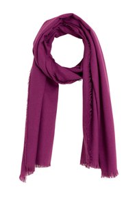 Bufanda morada hecha de material suave, con un borde con flecos. Está envuelta en un bucle para su exhibición, mostrando su textura suave.