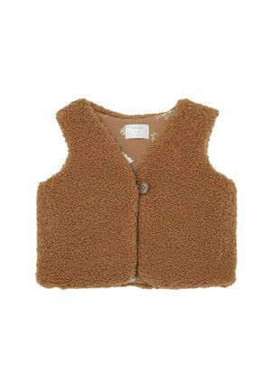 Gilet in pile marrone con una consistenza morbida, design senza maniche e scollo a V. Presenta una chiusura con un singolo bottone e un leggero rivestimento con motivo.