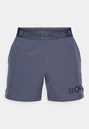 Calções de treino cinzentos com um cós elástico preto que apresenta o texto "BJÖRN BORG". Tecido suave e corte ligeiramente solto com aberturas laterais.