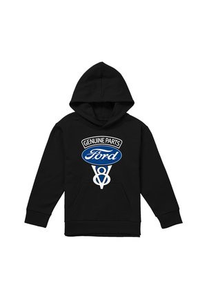 Schwarzer Kapuzenpullover mit Vorderfach, auf der Brust mit einem weißen und blauen "Genuine Parts Ford V8"-Logo versehen.