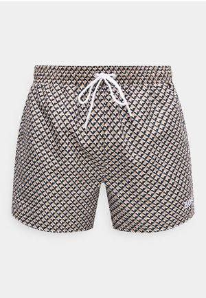 Heren zwemshorts met zwart- en tan-kleurig geometrisch patroon en een tailleband met witte trekkoord, met een klein wit logo op het linkerbeen.