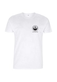 T-shirt bianco in cotone con una grafica circolare nera che presenta stelle e un simbolo, con la scritta "PILOTI CERCASI" sotto il design.