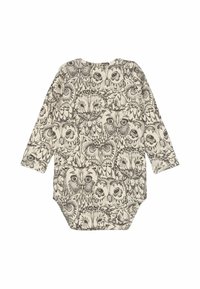 Langärmliger Body in Creme mit detailliertem Eulenmuster in Braun; verfügt über einen runden Halsausschnitt und Druckknöpfe an der Unterseite für den Verschluss.
