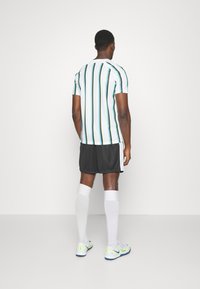 Wit sportshirt met korte mouwen en verticale strepen in teal en zwart, gecombineerd met zwarte shorts en witte kniesokken.
