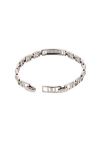 Pulsera de acero con eslabones entrelazados, acabado pulido y acentos rectangulares con detalles texturizados y un cierre seguro.