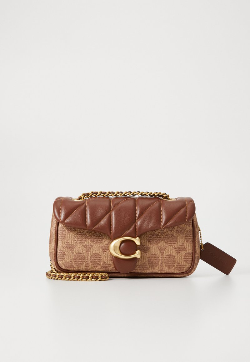 Brown leather handbag with quilted design, geometric pattern, gold hardware, and a chain strap. Features a large clasp closure.