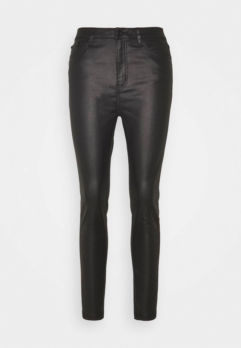 Pantalon noir taille haute slim en similicuir avec poches avant, passants pour ceinture, fermeture par bouton et zip.