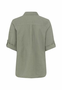 Light green short-sleeve shirt featuring a collar, rolled cuffs, and a straight hem. Textured fabric with a subtle sheen.