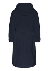 Hooded navy bathrobe made of textured fabric, featuring long sleeves, a belted waist, and a knee-length hem. Soft, plush material.