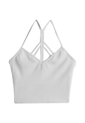Grå ribbet cropped top med tynde krydsværs straps på bagsiden. Har en V-halsudskæring og en glat, strækbar stoftekstur.
