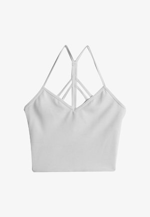 Grå ribbet cropped top med tynde krydsværs straps på bagsiden. Har en V-halsudskæring og en glat, strækbar stoftekstur.