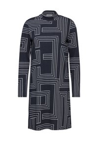 Laivastonsininen mekko pitkilla hihoilla, korkealla kaula-aukolla, jossa on geometrinen valkoinen viivakuosi. Valmistettu pehmeasta kankaasta, puolipitkä malli.