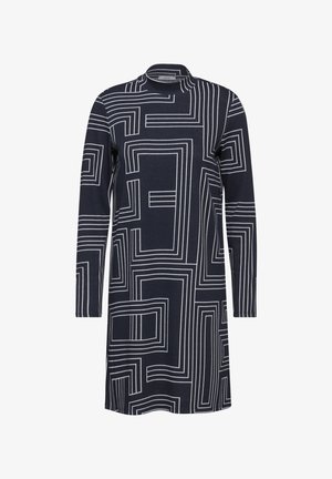 Námořnické šaty s dlouhými rukávy a vysokým výstřihem, se geometrickým vzorem bílých linií. Vyrobeno z měkké látky, středně dlouhý střih.