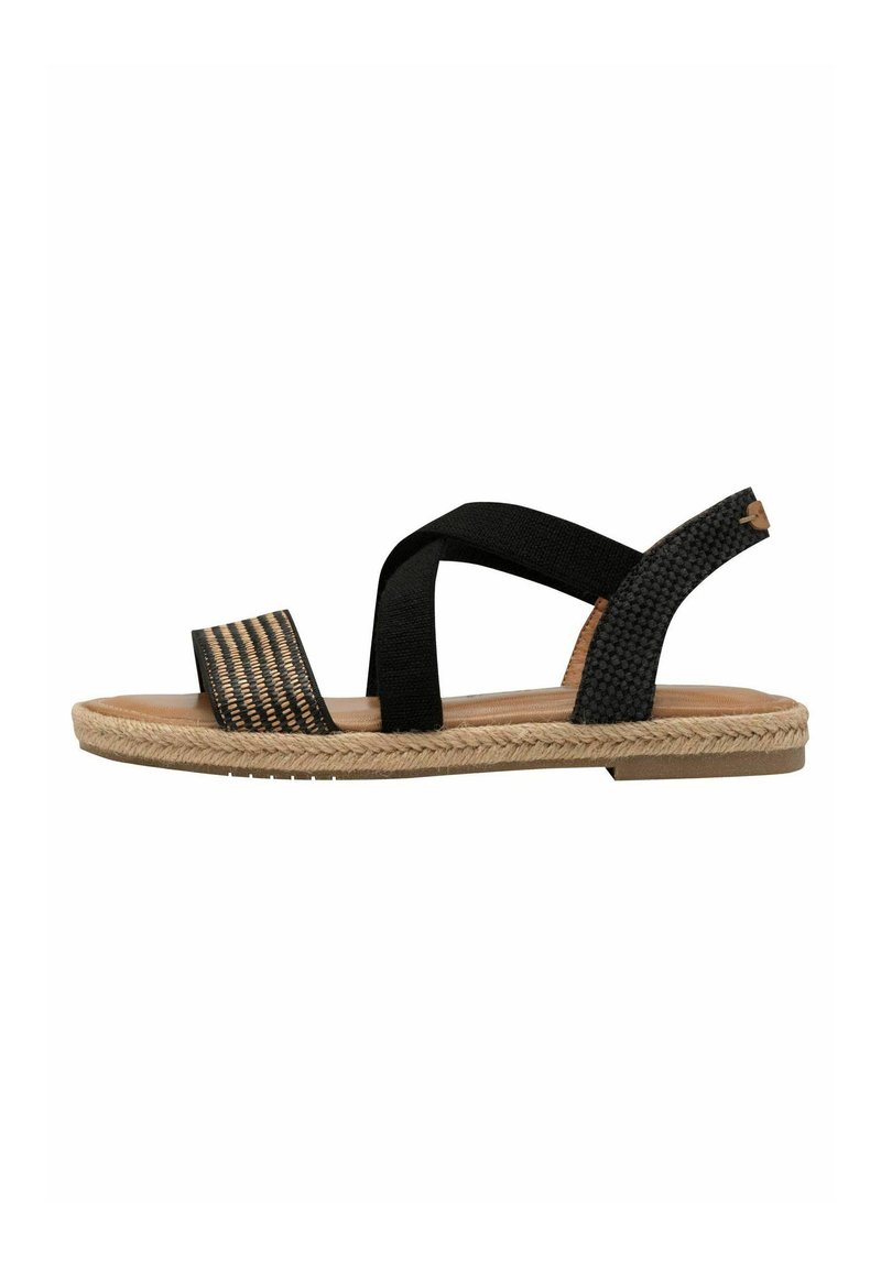 Black woven espadrille-style sandal with two wide straps, a jute-like sole, and rubberized accents. Flat design with open toe and heel.