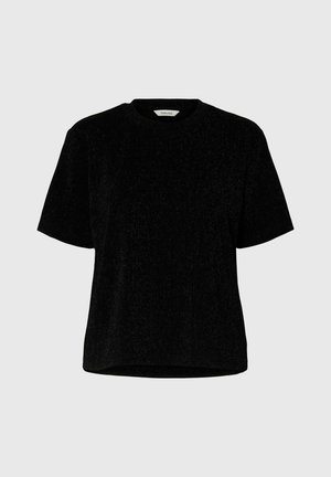 Sort kortærmet t-shirt lavet af struktureret stof, med rund halsudskæring og en afslappet pasform med lige skæring i kanten.