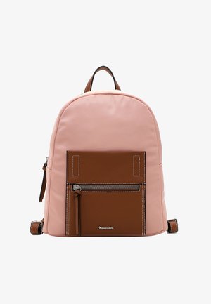 Backpack in pink nylon with a brown textured leather front pocket. Features white stitching and a top handle. Includes a zippered compartment.