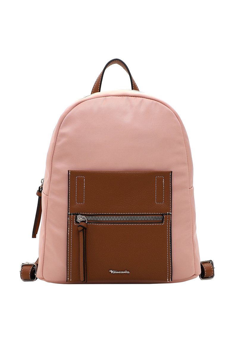 Rucksack aus pinkfarbenem Nylon mit einer Fronttasche aus braunem strukturiertem Leder. Besitzt weiße Nähte und einen oberen Griff. Enthält ein mit Reißverschluss versehenes Fach.