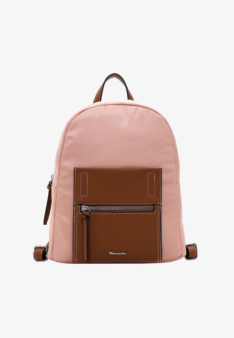 Rucksack aus pinkfarbenem Nylon mit einer Fronttasche aus braunem strukturiertem Leder. Besitzt weiße Nähte und einen oberen Griff. Enthält ein mit Reißverschluss versehenes Fach.