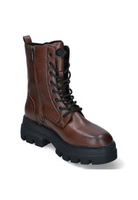 Bottines en cuir marron avec une semelle noire épaisse, un laçage à l'avant, une fermeture éclair sur le côté et un col rembourré pour un confort supplémentaire.
