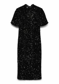 Melna spīdoša kleita ar īsām pūkām, apaļu kakla izgriezumu un aizmugurē ielikto lentu. Audumam ir teksturēta, spīdīga virsma.