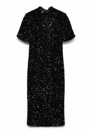 Crna haljina sa šljokicama, kratkim napuhanim rukavima, okruglim izrezom i detaljem u obliku trakice na leđima. Tkanina ima teksturirani, sjajni izgled.