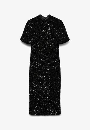 Vestido negro de lentejuelas con mangas abullonadas cortas, escote redondo y detalle de cinta en la espalda. La tela tiene un aspecto texturizado y brillante.