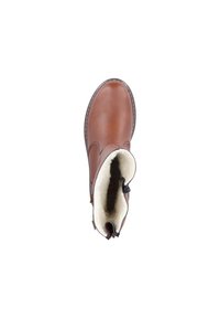 Bottine en cuir marron avec une doublure en fausse fourrure blanche douce et un design incurvé. Présente un bord cousu et une languette pour un enfilage facile.