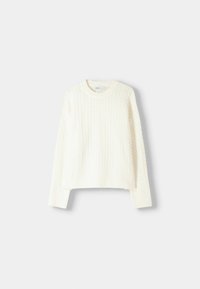 Chunky cable-knit cream sweater with a round neckline, long sleeves, and ribbed hem. Soft texture and relaxed fit are notable features.