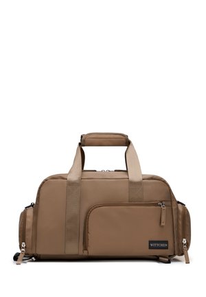 Borsa duffel rettangolare marrone con doppi manici, tasca frontale con cerniera, scomparti laterali con zip e etichetta con il marchio "WITTCHEN".