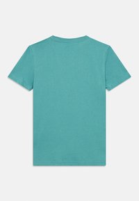 Τυρκουάζ βαμβακερό T-shirt με κοντά μανίκια, στρογγυλή λαιμόκοψη και λεία υφή. Απλός σχεδιασμός χωρίς σχέδια ή διακοσμητικά στοιχεία.