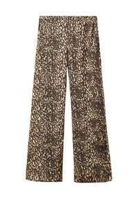 Pantalones de pierna ancha con estampado de leopardo en una tela ligera. Presenta una paleta neutra de beige y marrón con manchas negras y un ajuste relajado.